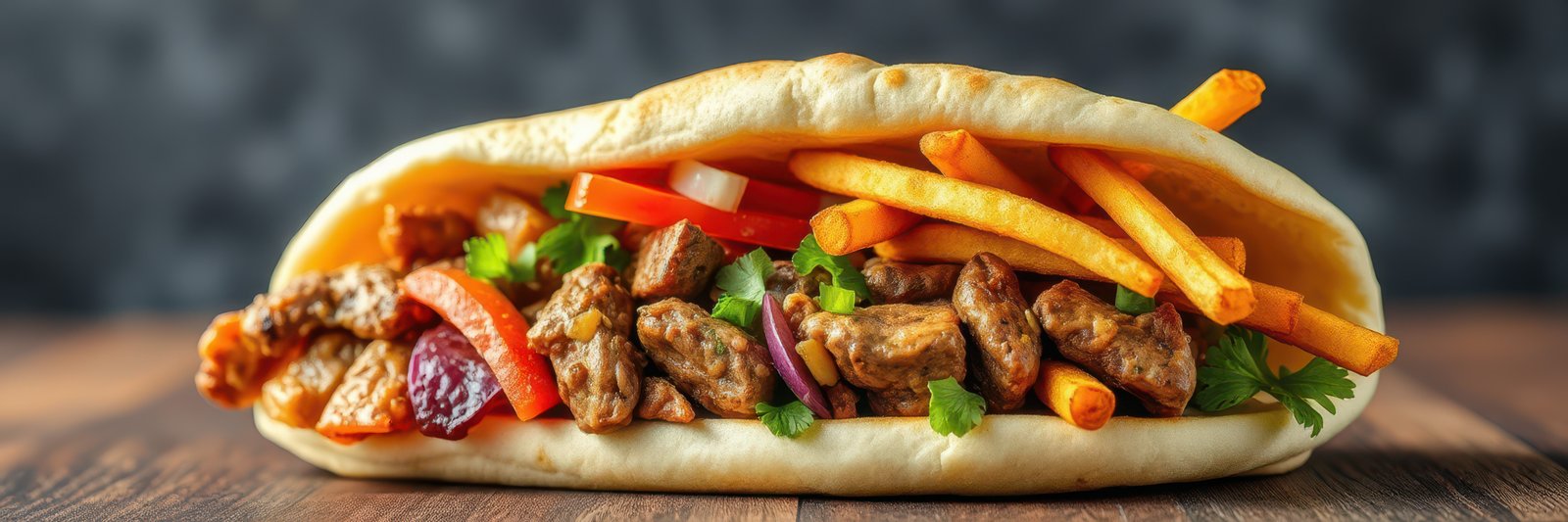 Delicious wrap with grilled chicken, fresh vegetables, and crispy fries served on a wooden table